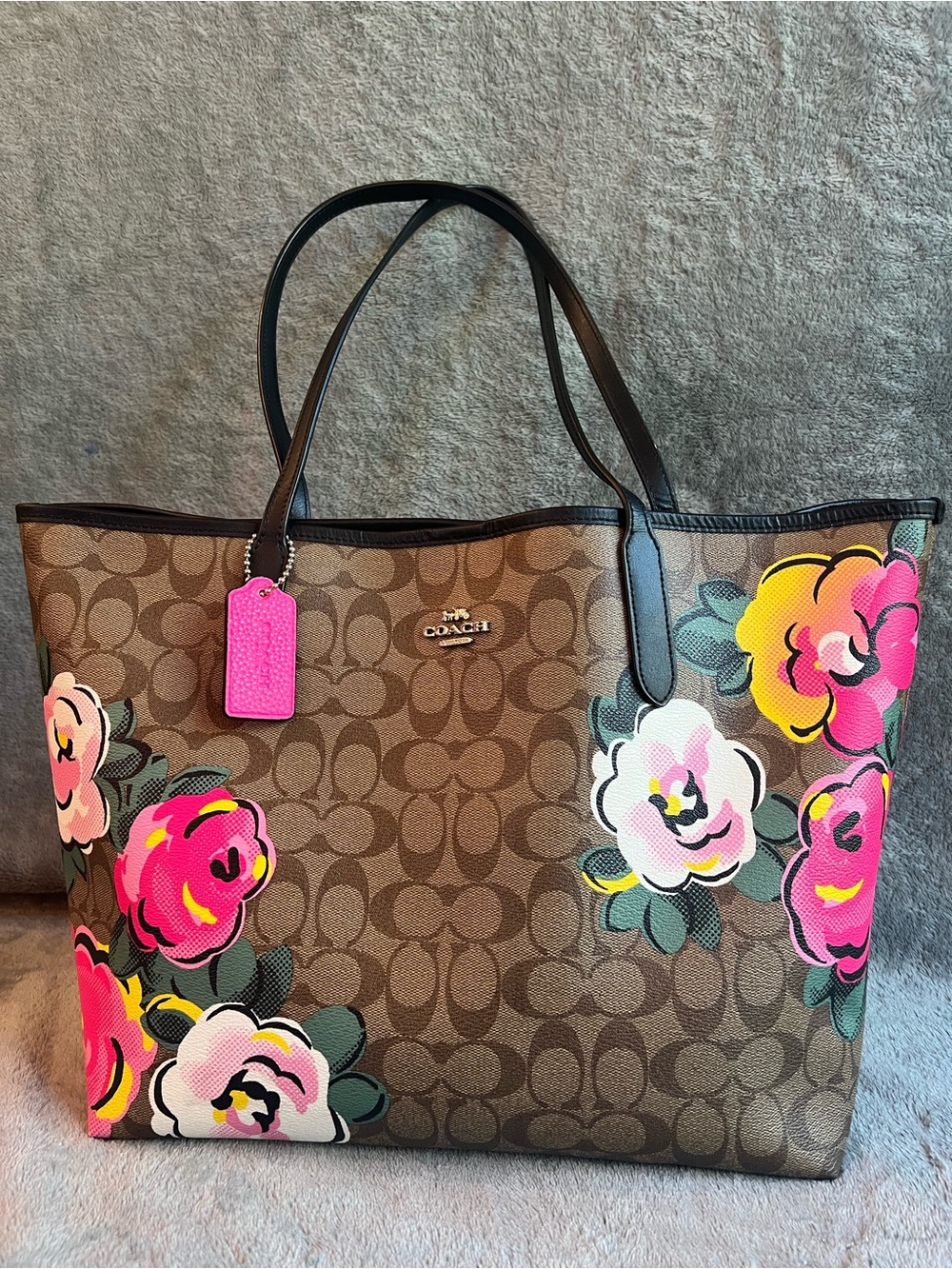 Coach Brown Signature Tote with Pink & Yellow Floral Print